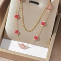 Close-up of double-layer gold chain necklace with red beads and pink oval agate stones - Red And Pink Agate Style (T0570)