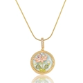 Close-up of enamel lotus flower pendant with freshwater pearls and gold chain - Light Blue Background 3D Lotus Style (X3983)