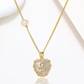 Golden heart necklace with dark shell inlay, rose detail, and a freshwater pearl accent - Black Heart Rose Pearl Style (X0209)