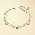 Double-layered gold anklet with white pearls and three iridescent blue heart pendants - Iridescent Three Heart Style (TL0027)