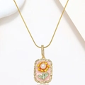 Golden snake chain necklace with pink enamel flower pendant and freshwater pearl - Pink Enamel Yellow Flower Style (X3971)
