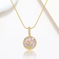 Golden necklace with lavender enamel lotus pendant and freshwater pearl detail - Light Purple Pink Lotus Style (X3974)