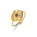 Anello regolabile in acciaio dorato con superficie martellata e gemma blu tonda - Gemma Blu Martellata Stile Aperto (J0464)