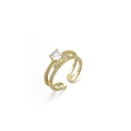 Anello dorato regolabile con zircone quadrato e fascia a doppio strato con sfere - Stile con Gemma Trasparente Quadrata a Doppio Gambo (J0587)