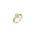 Anello aperto dorato con quadrifoglio in zircone e dettagli a catena da donna - Stile Aperto Classico a Quadrifoglio con Perle (J0653)