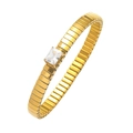 Golden expandable link bracelet featuring a single emerald-cut clear cubic zirconia stone - Gold-tone Watch Strap Style White Zirconia (T0387-Gold White-2)