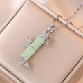Bamboo style pendant necklace with green resin nodes and silver leaf accents - Steel Bamboo Style (X0233)
