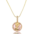 Golden flower pendant necklace with pink background, white pearls and sparkling zircons - Pink Background Yellow Flower Style (X3980)