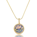 Golden snake chain necklace with round blue lotus enamel pendant and small pearl accent - Dark Blue Background Lotus Style (X3982)