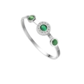 Macro shot of silver bangle with green glass center stone and zircon pavé detail - Green Cat Eye Style (SZ-291) / Steel