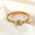 Gold hollow cuff bracelet with green square gemstone and Greek key engraving details - Gold (SZ110090)