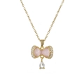 Collar dorado con colgante de lazo, piedra rosa, cristales brillantes y gema de gota - Colgante de Lazo Rosa Dorado (X4300)