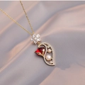 Golden fox pendant necklace with red gemstone, pearls and crystals on purple silk - Pearl Fox Necklace (Including Pendant)