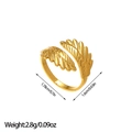 Detailed view showing adjustable golden brass feather ring with size and weight dimensions - Double Feather Intertwined Wrap Style (JZ18)