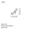 Macro view of stainless steel boot pendant showing 15.1mm height and waterproof specs - Steel Style (A0471)