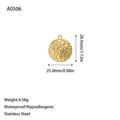 Makroaufnahme von rundem Edelstahl-Anhänger in Gold mit Sonnenblume und Maßen - A0506 Gold