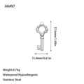 Macro view of stainless steel key pendant with dimensions and waterproof features - Hollow Wave Key-Steel Color (A0497)