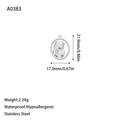 Macro view of stainless steel Virgin Mary pendant showing 21.9mm x 17.0mm dimensions - Religious Oval Pendant (A0383) / Steel