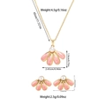 Detail of pink enamel fan-shaped necklace and pearl earrings with size specifications - Pink Flower Style (TZ53)