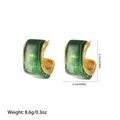 Macro shot of gold C-shape earrings with green marble resin inlay and size specs - ES110804 Green