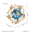 Detail view of flower brooch with 18k gold PVD plating, crystals and blue enamel, 56mm size - Blue White Gradient Floral (CJ23B0001A)