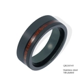 Macro detail of men's black matte tungsten ring featuring wood inlay and 18k gold plating - US 6