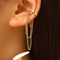 Golden tassel ear cuff with sparkling zircon row and elegant long chain fringe style - Left Side: Kc Gold + Kc Gold
