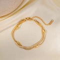 Double-layer gold plated stainless steel snake chain bracelet with oval metal beads - Rice Bead and Blade Style (E2089) / Bracelet / Gold