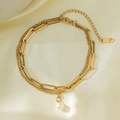 Layered 18K gold-plated titanium steel chain bracelet with a white pearl pendant - Triple Chain Pearl Style (E2005) / Bracelet / Gold