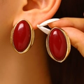 Vintage elegant red oval resin stud earrings with minimalist gold geometric frames - Oval Style (8465) / Gold+Red
