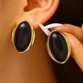 Vintage minimalist black resin oval stud earrings with gold-toned frame for women - Oval Style (9030) / Gold + Black