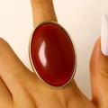 Vintage large oval red resin ring with gold-toned bezel for women, retro statement style - Oval Ring Style (1343)