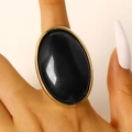 Vintage oversized oval black resin cocktail ring with polished gold-toned metal frame - Oval Ring Style (0839)