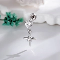 Silver steel heart stud earring with hanging star cross pendant and clear zircon stone - White (Single Piece)