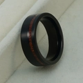 Men's black tungsten steel ring with wood inlay and matte finish from side view - US 10