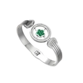 Silver steel bangle featuring a green clover stone with micro-pave crystals - Silver with Green Flower