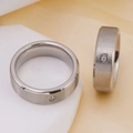 Brushed silver titanium steel couple ring with single square-set crystal stone - US 9 / Silver