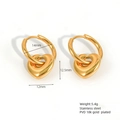 Detail view of 18K gold plated stainless steel heart earrings with 14mm hoops and 12mm pendants - Open Heart Style / Gold
