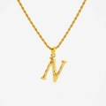18K gold plated stainless steel necklace featuring a textured letter N pendant with rope chain - Letter N (Pendant Only) / Steel