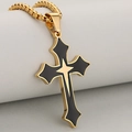 Vintage gouden roestvrijstalen kruis hanger ketting met zwart emaille en ster detail - Emaille Kruis Ketting / Goud + Zwart