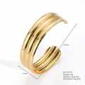 Gold plated 18k PVD stainless steel C-shape cuff bracelet with three parallel ridges - Triple Layer Ridge Style (B679-02)