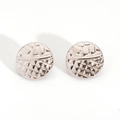 Polished silver button earrings with unique textured relief and geometric patterns - Hammered and Diamond Cut (E684-02) / Steel
