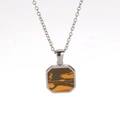 Silver stainless steel necklace with octagonal orange and brown marble pendant - Tiger Eye Style (E713-Steel+Cross Chain)