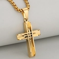 3D layered stainless steel cross pendant necklace with chunky golden box chain for men - Gold (Pendant Only)