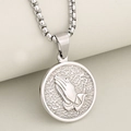 Retro stainless steel prayer hands coin pendant necklace with polished silver finish - Steel