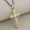 Two-tone layered stainless steel cross pendant necklace with silver box chain links - Gold and Silver