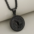 Vintage stainless steel round coin pendant necklace featuring 3D praying hands relief - Black
