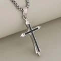 Men's double-layered stainless steel cross pendant necklace with black insert on silver chain - Steel + Black