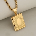 Vintage gold stainless steel book locket necklace with elegant engraved wave patterns - Gold