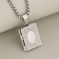 Vintage silver stainless steel book locket pendant necklace with floral engraving - Steel